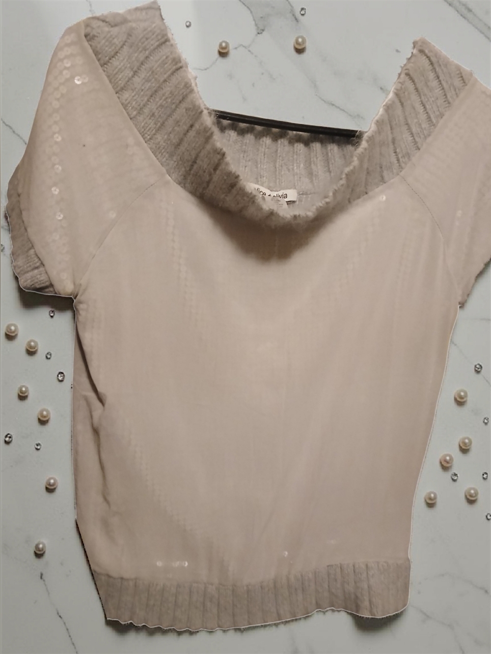 Alice+Olivia Short-Sleeve Knit Sweater W/ Sequin Underlay Silk Angora